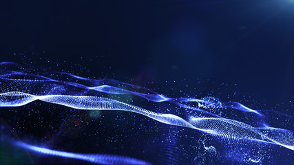 Abstract blue color digital particles wave with dust and light background