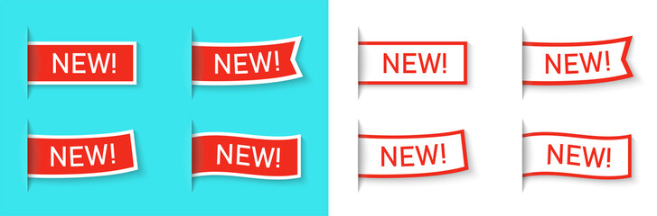 New label icon set isolated on a blue background. Side flag or bookmark. Red color special offer tag. Simple realistic design. Flat style vector illustration.