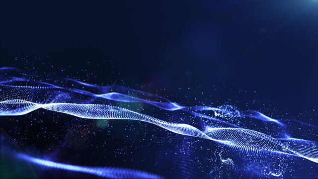 Abstract blue color digital particles wave with dust and light background