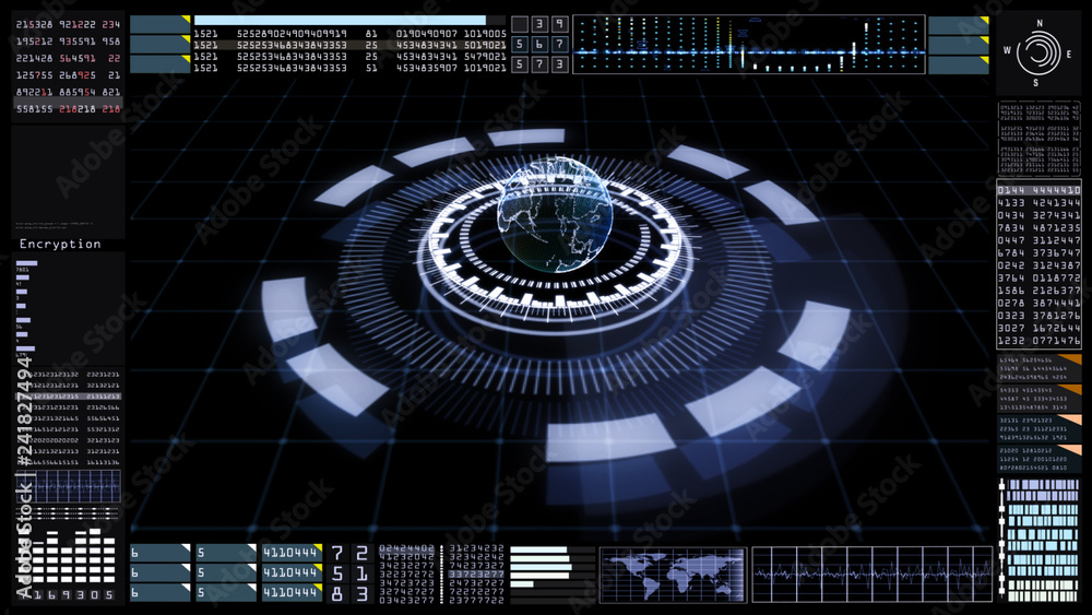 Poster technology communication and connection with futuristic user interface head up display. earth elemen