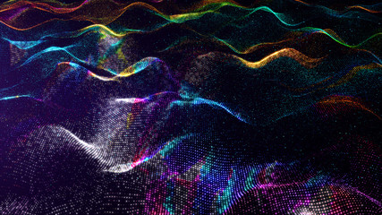 Abstract rainbow color digital particles wave and dust background