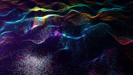 Abstract rainbow color digital particles wave and dust background