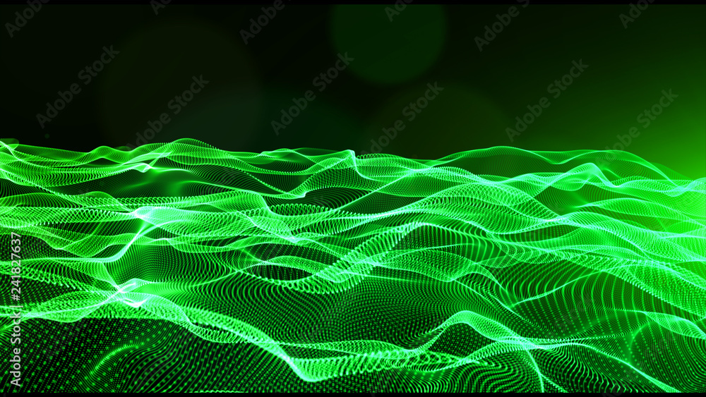 Poster abstract green color digital particles wave with bokeh and light background