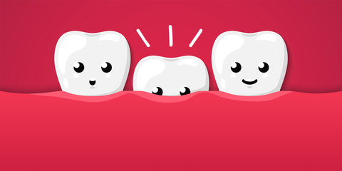 Tooth isolated on a red background. Cute cartoon character. The growth of teeth in children, milk teeth, molars. Dental health, care. Simple cartoon design. Flat style vector illustration.