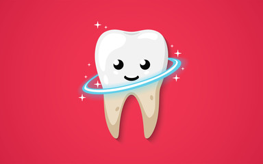 Tooth isolated on a red background. Cleaning process. Dirty tooth. Clean happy and smiling. Cute cartoon character. Dental health. Simple cartoon design. Flat style vector illustration.