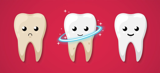 Tooth isolated on a red background. Cleaning process. Dirty tooth. Clean happy and smiling. Cute cartoon character. Dental health. Simple cartoon design. Flat style vector illustration.