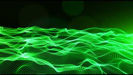 Abstract green color digital particles wave with bokeh and light background