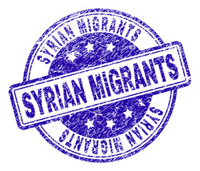 SYRIAN MIGRANTS stamp seal imprint with grunge texture. Designed with rounded rectangles and circles. Blue vector rubber print of SYRIAN MIGRANTS title with grunge texture.