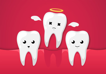 Tooth isolated on a red background. Cute cartoon character. Tooth missing, dental disease. Dental health, care. Simple cartoon design. Flat style vector illustration.