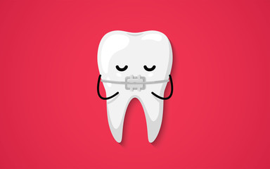 Tooth isolated on a red background. Orthodontic treatment (braces on teeth). Clean happy and smiling. Cute cartoon character. Dental health. Simple cartoon design. Flat style vector illustration.