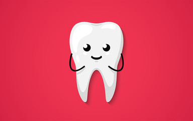 Tooth isolated on a red background. Clean happy and smiling. Cute cartoon character. Dental health. Simple cartoon design. Flat style vector illustration.