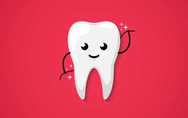Tooth isolated on a red background. Teeth cleaning. Dental flossing. Clean shining happy and smiling. Cute cartoon character. Dental health. Simple cartoon design. Flat style vector illustration.