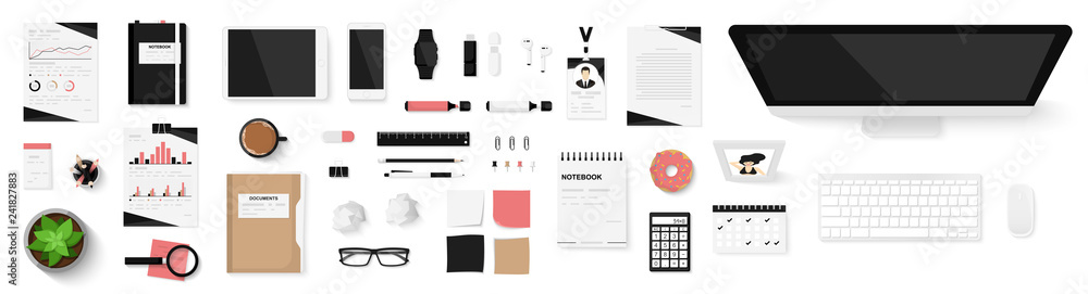 Poster office objects set isolated on white background. working space. top view of workplace desk. realisti