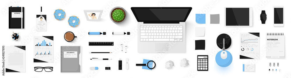 Fototapete office objects set isolated on white background. working space. top view of workplace desk. realisti
