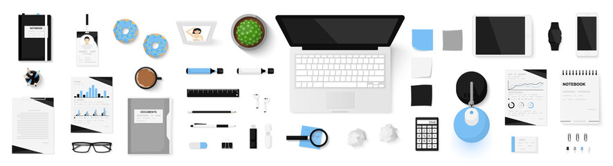 Office objects set isolated on white background. Working space. Top view of workplace desk. Realistic objects. View from above. Simple cute modern and stylish design. Flat style vector illustration.