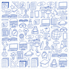 Vector set of secondary school icons in doodle style. Painted, drawn with a pen, on a sheet of checkered paper on a white background.