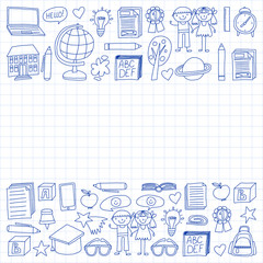 Vector set of secondary school icons in doodle style. Painted, drawn with a pen, on a sheet of checkered paper on a white background.