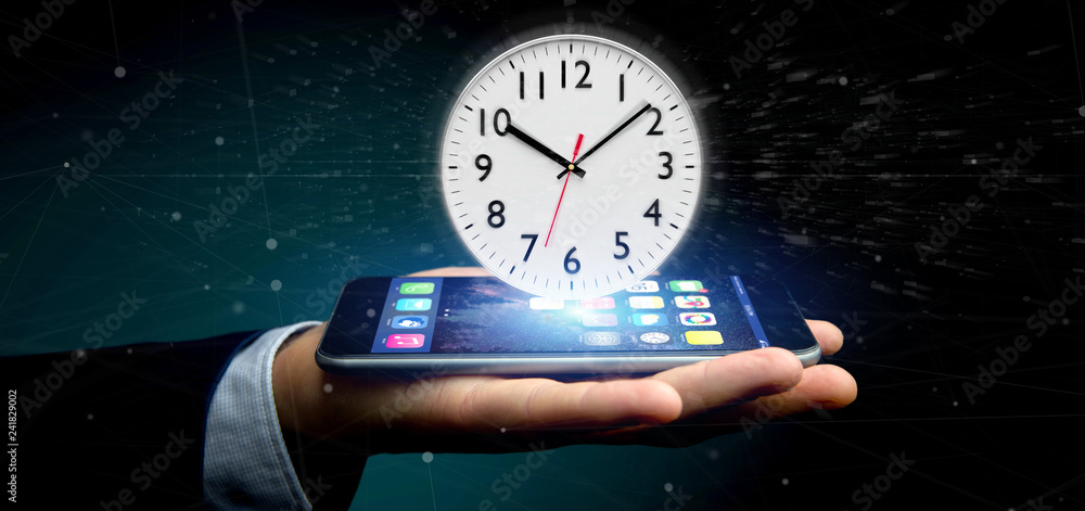 Poster man holding a clock timer 3d rendering