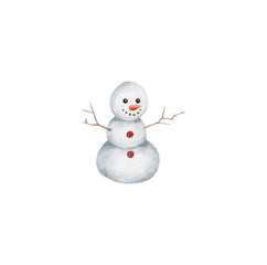 happy snowman character,  new year aquarelle design element on the white background, for clipart, print, pattern, tag, 