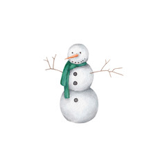 Obraz premium happy snowman character, new year aquarelle design element on the white background, for clipart, print, pattern, tag, 