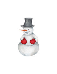 happy snowman character,  new year aquarelle design element on the white background, for clipart, print, pattern, tag, 