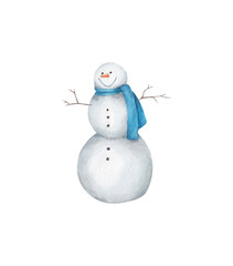 happy snowman character,  new year aquarelle design element on the white background, for clipart, print, pattern, tag, 