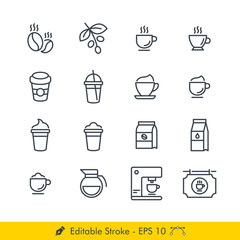 Coffee Related Icons / Vectors Set - In Line / Stroke Design | Contains Such Coffee Beans, Tree, Cup, Cappuccino, Latte, Frappe, Sack, Milk, Pot, Coffee Maker, Billboard more