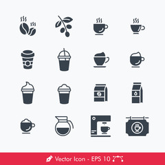 Coffee Related Icons / Vectors Set | Contains Such Coffee Beans, Tree, Cup, Cappuccino, Latte, Frappe, Sack, Milk, Pot, Coffee Maker, Billboard more