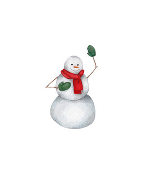 happy snowman character,  new year aquarelle design element on the white background, for clipart, print, pattern, tag, 