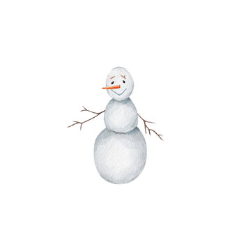 happy snowman character,  new year aquarelle design element on the white background, for clipart, print, pattern, tag, 