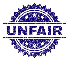 UNFAIR stamp seal watermark with distress style. Blue vector rubber print of UNFAIR label with grunge texture.