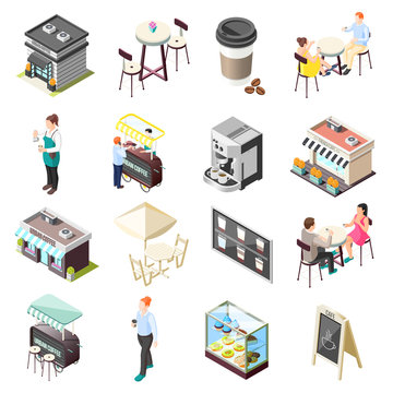 Street Coffee Isometric Icons Set