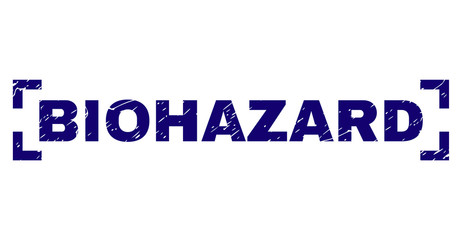BIOHAZARD text seal watermark with grunge texture. Text label is placed between corners. Blue vector rubber print of BIOHAZARD with dust texture.