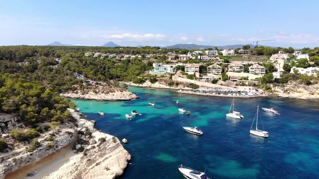 Aerial view, flight over the Five Fingers Bay of Portals Vells, Mallorca, Balearic Islands, Spain