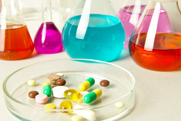 Chemical Laboratory and reagents .Herbal medicine. Illegal pills, drug production in laboratories.