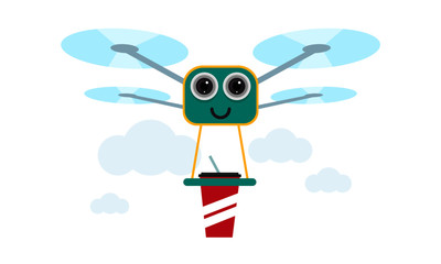 Drone Soda Delivery Concept Vector Illustration. Quadcopter transporting soda, drink. Flat style design.