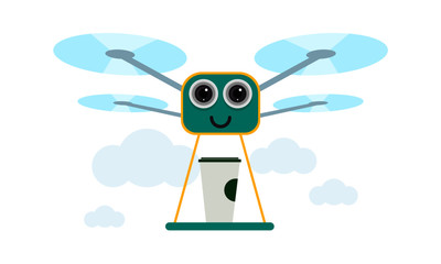 Drone Coffee Delivery Concept Vector Illustration. Quadcopter transporting Coffee. Flat style design.