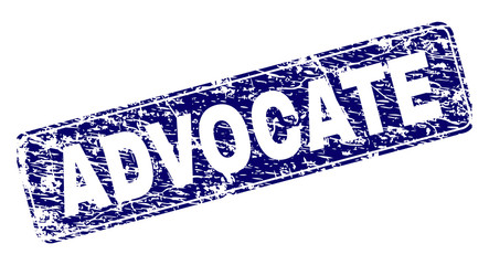 ADVOCATE stamp seal print with distress texture. Seal shape is a rounded rectangle with frame. Blue vector rubber print of ADVOCATE title with corroded texture.