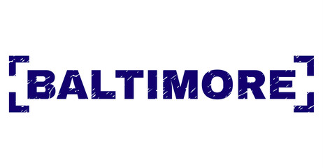 BALTIMORE title seal print with grunge texture. Text label is placed between corners. Blue vector rubber print of BALTIMORE with corroded texture.