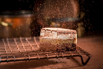 Tiramisu cake on metal cooling grid falling cocoa powder