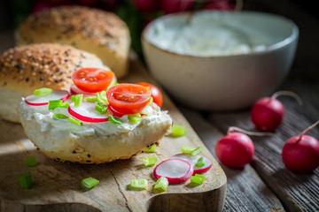 Healthy and tasty sandwich with fromage cheese and cherry tomatoes