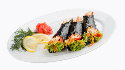 Temaki with salmon and vegetables on white background. Rolls in nori with a filling