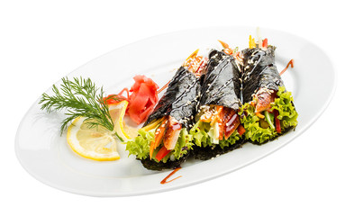 Temaki with eel and vegetables on a white background. Rolls in nori with a filling