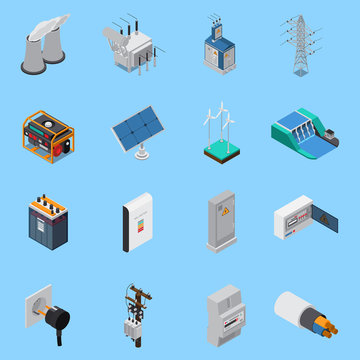 Electricity Isometric Icons Set 