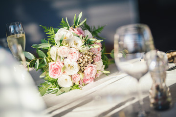 Wedding table set up. Indoor set up of a wedding/party table with fresh flowers