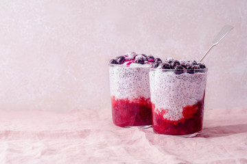 Chia pudding with strawberry smoothie and black currants