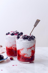 Chia pudding with strawberry smoothie and black currants