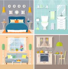 Set of rooms with furniture and decor: bedroom, bathroom, living room and kitchen. Flat style vector interior.