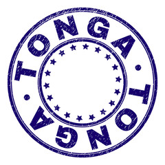 TONGA stamp seal watermark with grunge texture. Designed with round shapes and stars. Blue vector rubber print of TONGA text with grunge texture.