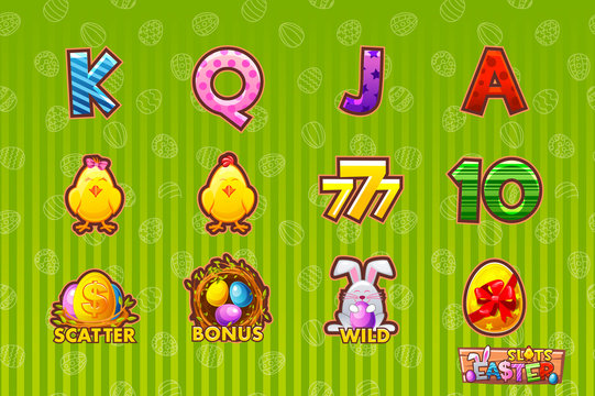 Vector Gaming icon of Easter symbols for slot machines and a lottery or casino. Cartoon set 12 paschal's icons. Game casino, slot, UI